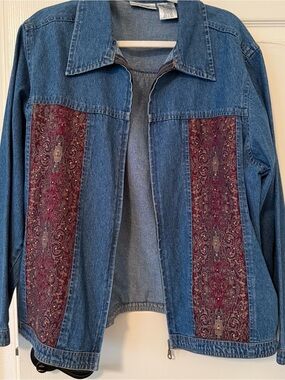 Units Denim Jacket with Burgundy Paisley Panels fall autumnal office zipper